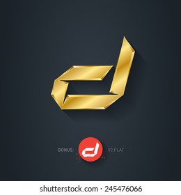 Vector gold font, Letter D. Pseudo origami style, including flat version. Elegant Template for company logo. Metallic Design element or icon.