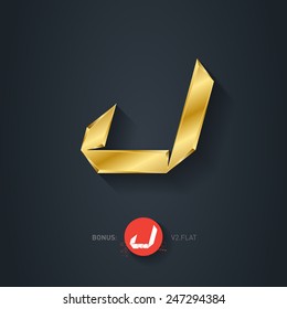 Vector gold font, Letter J. Elegant Template for company logo. 3d Metallic Design element or icon. Pseudo origami style, including flat version.