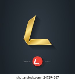 Vector gold font, Letter L. Elegant Template for company logo. 3d Metallic Design element or icon. Pseudo origami style, including flat version.