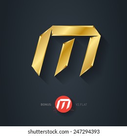 Vector gold font, Letter M. Elegant Template for company logo. 3d Metallic Design element or icon. Pseudo origami style, including flat version.