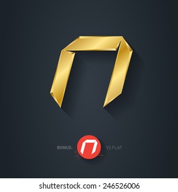 Vector gold font, Letter N. Elegant Template for company logo. 3d Metallic Design element or icon. Pseudo origami style, including flat version.
