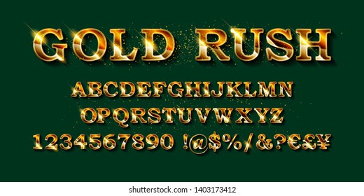 Vector gold font. Vintage styled grunge textured typeface. Latin alphabet letters and numbers.