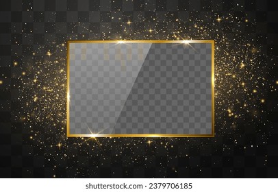 Vector gold frame around glitter particles. Glitter gold particles shine effect on png background. Stardust amber particles color on transparent background. Golden frame and explosion of confetti.