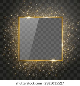 Marco dorado vectorial alrededor de partículas de brillo. Las partículas de oro brillan sobre el fondo de la png. Color de las partículas de color ámbar estándar sobre fondo transparente. Marco dorado y explosión de confeti.
