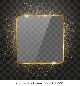 Vektorgoldrahmen um glänzende Partikel. Glitzergoldpartikel glänzen auf png Hintergrund. Stardust-Bernsteinpartikel auf transparentem Hintergrund. Goldener Rahmen und Explosion von Konfetti.