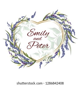 Vector gold frame. Heart-shaped frame with lavender flowers. Wedding invitation template. Valentine's day card. All elements are isolated.