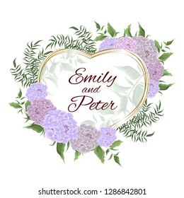 Vector gold frame. Hydrangea flowers, red berries, green leaves. Wedding invitation template. Valentine's day card. All elements are isolated.