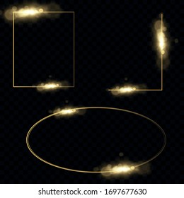 Vector gold frame with light effects. Shining rectangle banner. Isolated on black transparent tone. Vector property, eps 10.