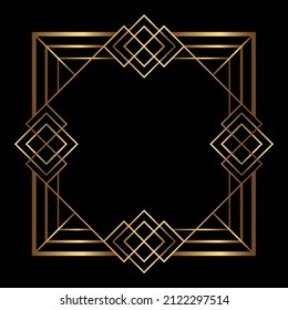 Vector gold frame on the black background. Isolated Art Deco square border with empty space