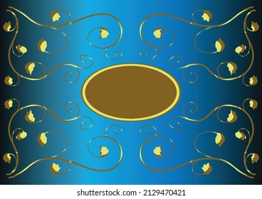 Vector gold frame on a blue background. Pattern with floral ornament