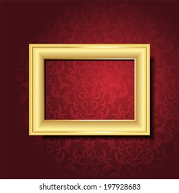 Vector gold frame on a wall with wallpaper of damask pattern. Background for text. Can be use in your design project