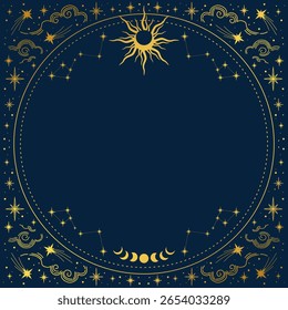 Vector gold frame with sun, stars, crescents and a copy space. Banner with an elegant border and a place for text