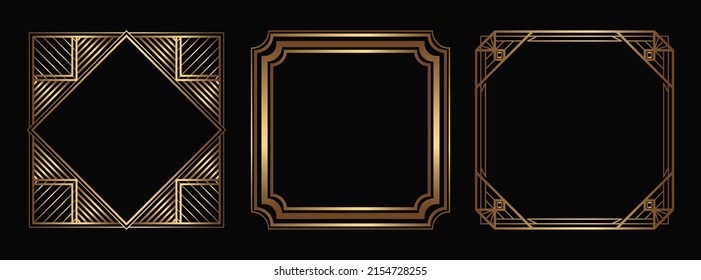 Vector gold frames collection. Isolated Art Deco outline borders with empty space. Line art fancy template set