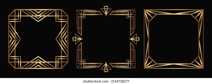 Vector gold frames collection. Isolated Art Deco outline borders with empty space. Line art fancy template set