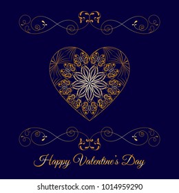 Vector Gold Fretwork Floral Heart Over Blue. Happy Valentines Day Holiday