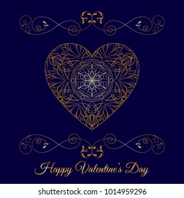 Vector Gold Fretwork Floral Heart Over Blue. Happy Valentines Day Holiday