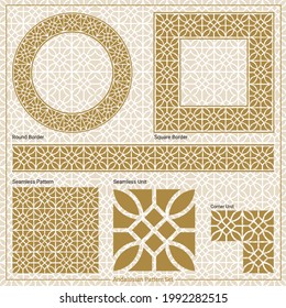 Vector gold geometric design elements drawn in a beautiful islamic style inspired by the Andalusian architcture (Includes straight border, square frame, circular frame and continuous pattern).