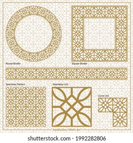 Vector gold geometric design elements drawn in a beautiful islamic style inspired by the Andalusian architcture (Includes straight border, square frame, circular frame and continuous pattern).