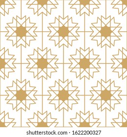 Vector gold geometric minimal seamless pattern, elegant moroccan, arabic grid ornament, mono line grid, abstract linear simple vector background. Modern fashion, wallpaper texture, retro style.