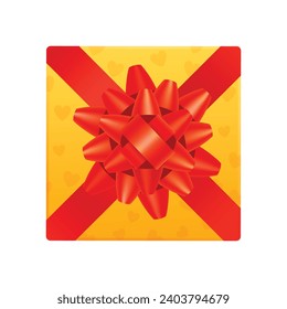 Vector gold gift box with red bow ribbon, top view on white background.