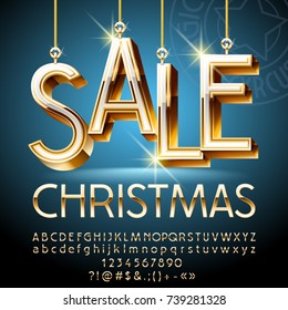 Vector gold glamour banner for Christmas sale with white luxury toys. Glossy set of Alphabet letters, symbols, numbers. Shiny Font contains Graphic style