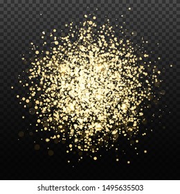 Vector gold glitter backdrop. Transparent falling golden particles. Magic and luxury Christmas or party background design.