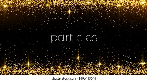 Vector gold glitter backdrop. Transparent falling golden particles. Magic and luxury Christmas or party background design.