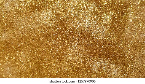 Vector gold glitter background, small golden squares, pixel style.