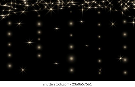 Vector Gold glitter border with sparkles. Background with magic dust glows on dark. Light effect. Border for stories, cover. Background, wallpaper, web design. Story banner template, poster.