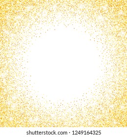 Vector gold glitter confetti dots rain. Golden sparkling glittering border isolated on white background. Party tinsels shimmer, holiday background design, festive frame