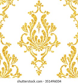 Vector gold glitter damask floral seamless pattern, golden sparkles on white background, vip design template