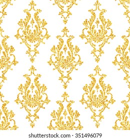 Vector gold glitter damask floral seamless pattern, golden sparkles on white background, vip design template