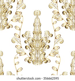 Vector gold glitter damask floral seamless pattern, golden sparkles on white background, vip design template