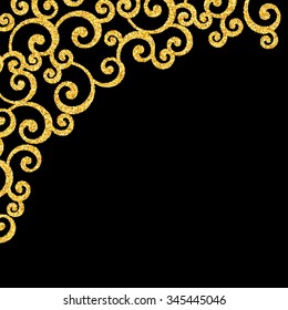 Vector Gold Glitter Floral Curl Invitation Card with Swirl Damask Pattern on Black Background