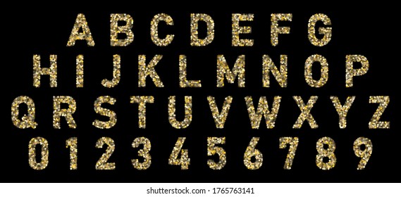 Vector of gold glitter font shining alphabet. ABC letters design. Gold confetti characters isolated. Alphabet font of gold glitter effect. Holiday typeface for fashion purposes or logo.