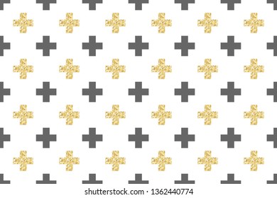 Vector Gold Glitter, Gray and White Geometric Plus Sign or Cross Seamless Pattern. Modern Background. Vector Pattern Tile Swatch Included.
