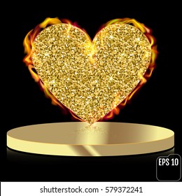 Vector gold glitter heart on pedestal. Gold heart in fire. Love concept card background