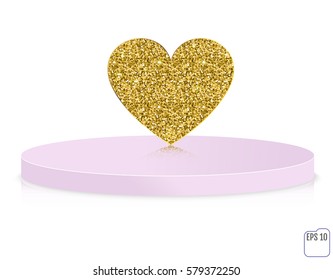 Vector gold glitter heart on pedestal. Love concept card background