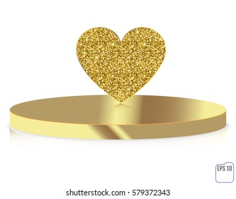 Vector gold glitter heart on pedestal. Love concept card background