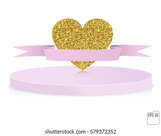 Vector gold glitter heart on pedestal. Love concept card background