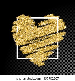 Vector gold glitter heart with white frame on black transparent background. Love concept card background for Valentine's day