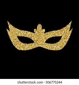 Vector gold  glitter mask isolated on black. Carnival mask.