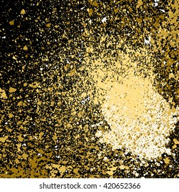 Vector gold Glitter paint splash, splatter, and blob on black background. Spray stains placer abstract background, vector illustration.