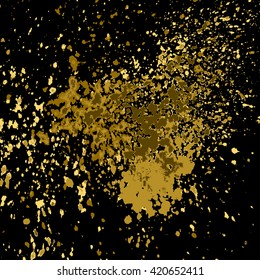 Vector gold glitter paint splash, splatter, and blob shiny on black background. Glowing spray stains placer abstract background, vector illustration.