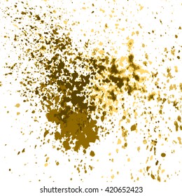 Vector gold glitter paint splash, splatter, and blob shiny on white background. Glowing spray stains placer abstract background, vector illustration.