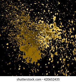 Vector gold glitter paint splash, splatter, and blob shiny on black background. Glowing spray stains placer abstract background, vector illustration.