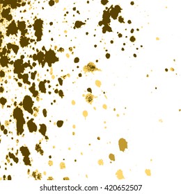 Vector gold glitter paint splash, splatter, and blob on white background. Spray stains placer abstract background, vector illustration.
