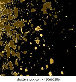 Vector gold glitter paint splash, splatter, and blob on black background. Spray stains abstract background, vector illustration.