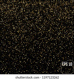 Vector gold glitter particles background for luxury greeting card. Star dust sparks in explosion on black background. Golden sparkling texture.