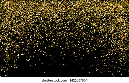 Vector gold glitter particles background effect for luxury greeting rich card. Golden rain isolated on black background. Sparkling glitter border.